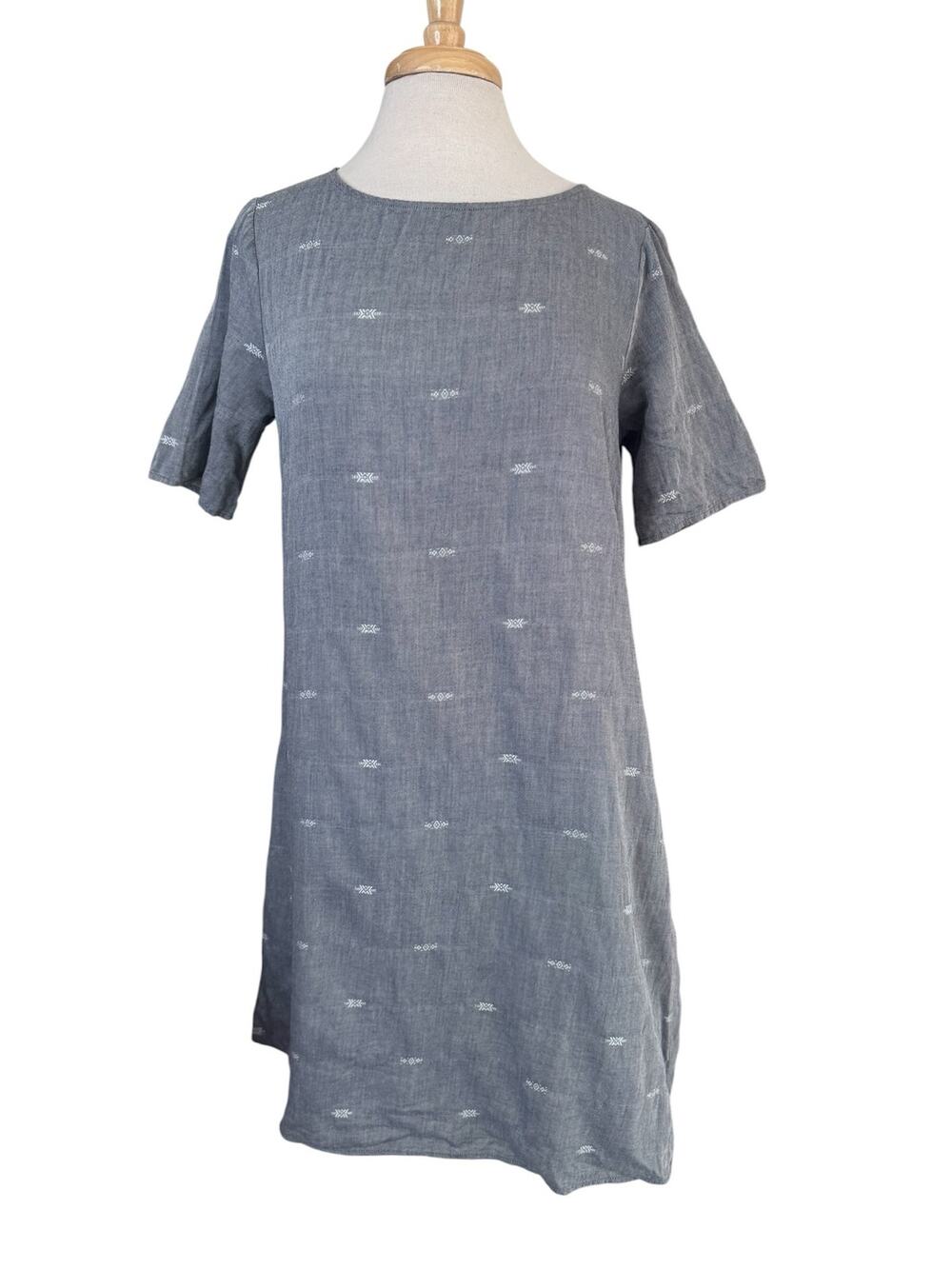 EILEEN FISHER Nomadic Stripe A-line Dress Blue Gray Size Medium Cotton Boat Neck